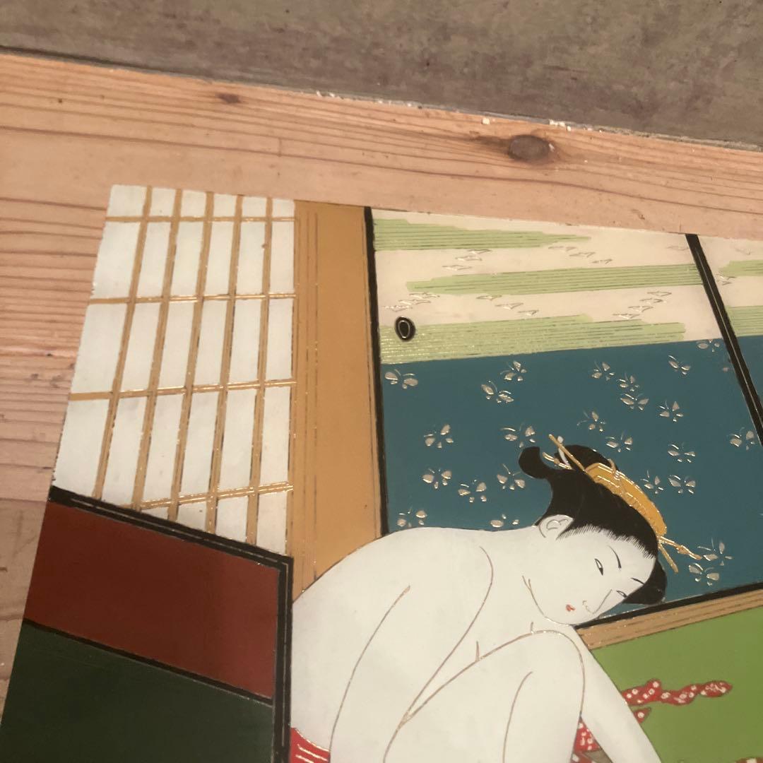 ガラス絵の浮世絵　「鈴木春信　爪切り」　美人画　時代物　骨董　インテリア