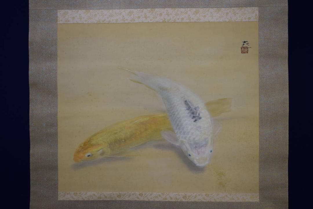 真作/梶喜一/双鯉/桐共二重箱付/布袋屋掛軸HH-34