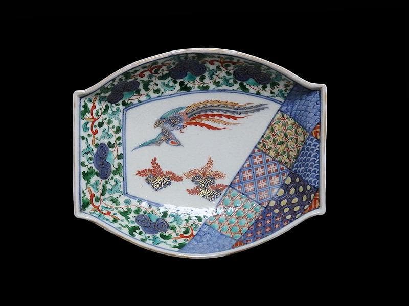 大聖寺伊万里　桐に鳳凰　唐草に石畳紋　舟形変形皿　N1717AS-DCy