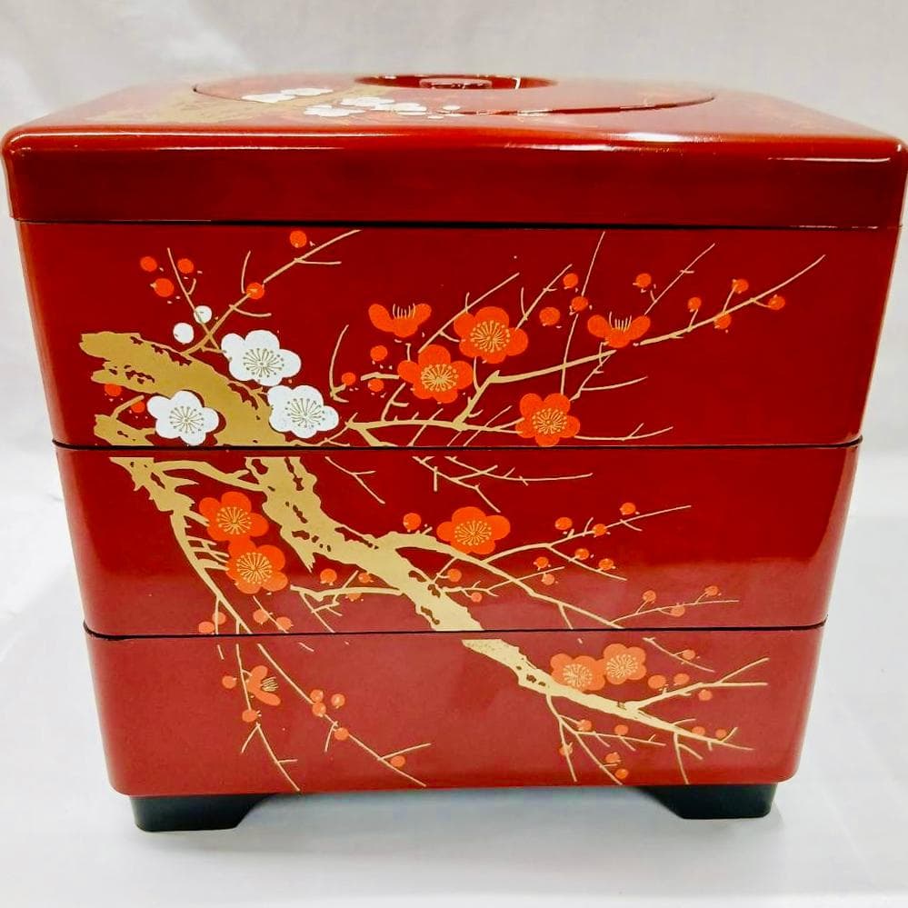 【新品・未使用】会津塗・3段重箱・美しい梅の花模様 ※取皿5枚付き
