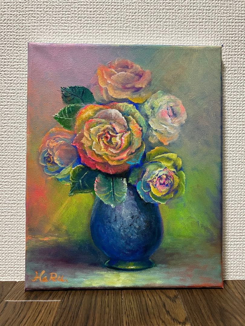 HaRu レインボー ローズ フラワー バラ 花 薔薇 1点物 絵画 油絵 ♪