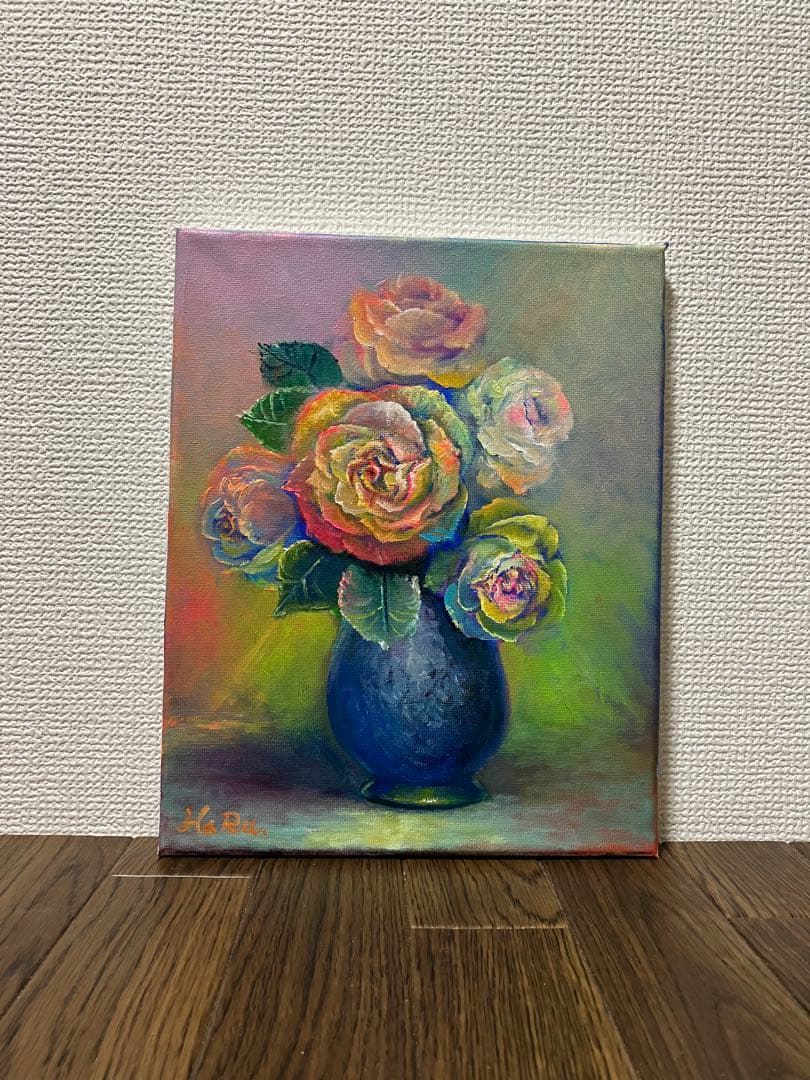 HaRu レインボー ローズ フラワー バラ 花 薔薇 1点物 絵画 油絵 ♪