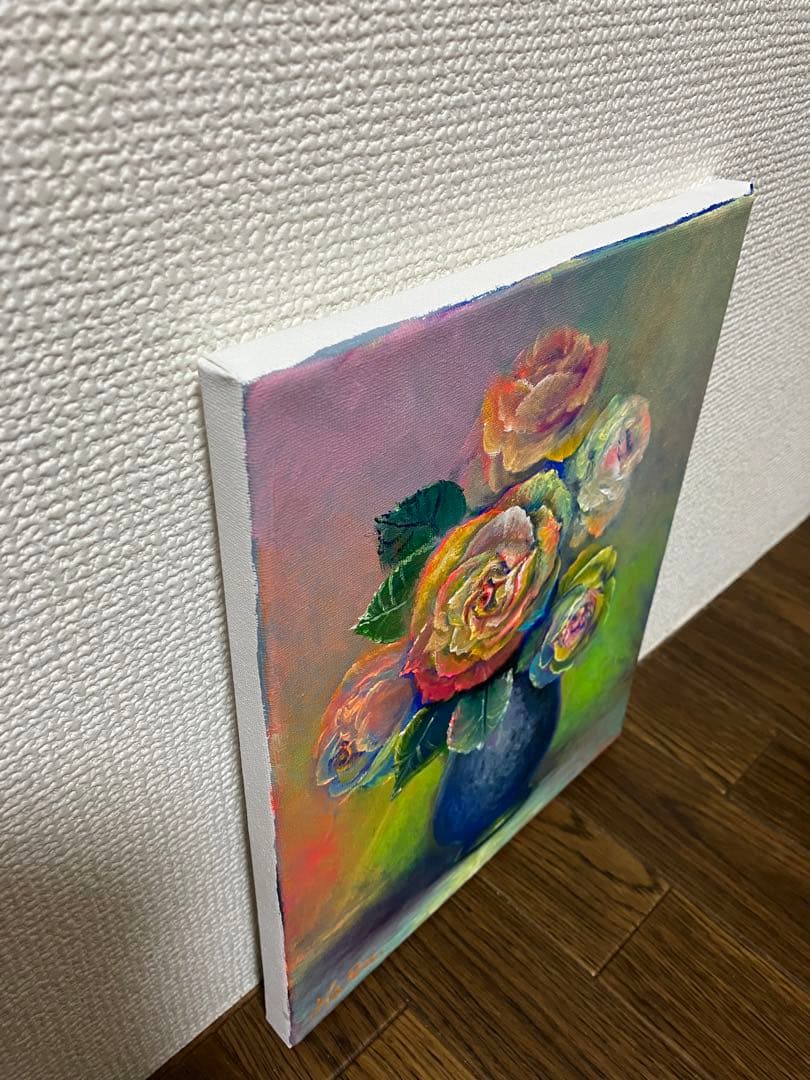 HaRu レインボー ローズ フラワー バラ 花 薔薇 1点物 絵画 油絵 ♪