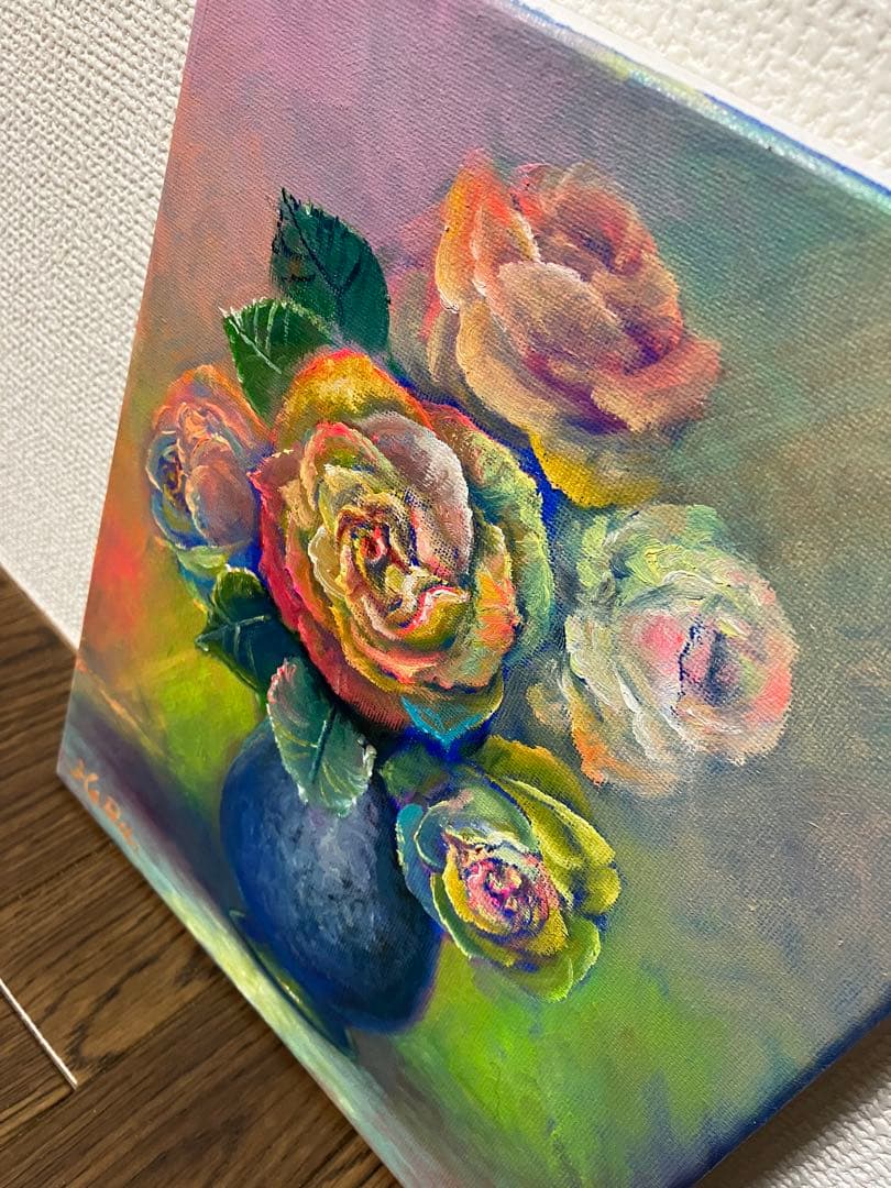 HaRu レインボー ローズ フラワー バラ 花 薔薇 1点物 絵画 油絵 ♪