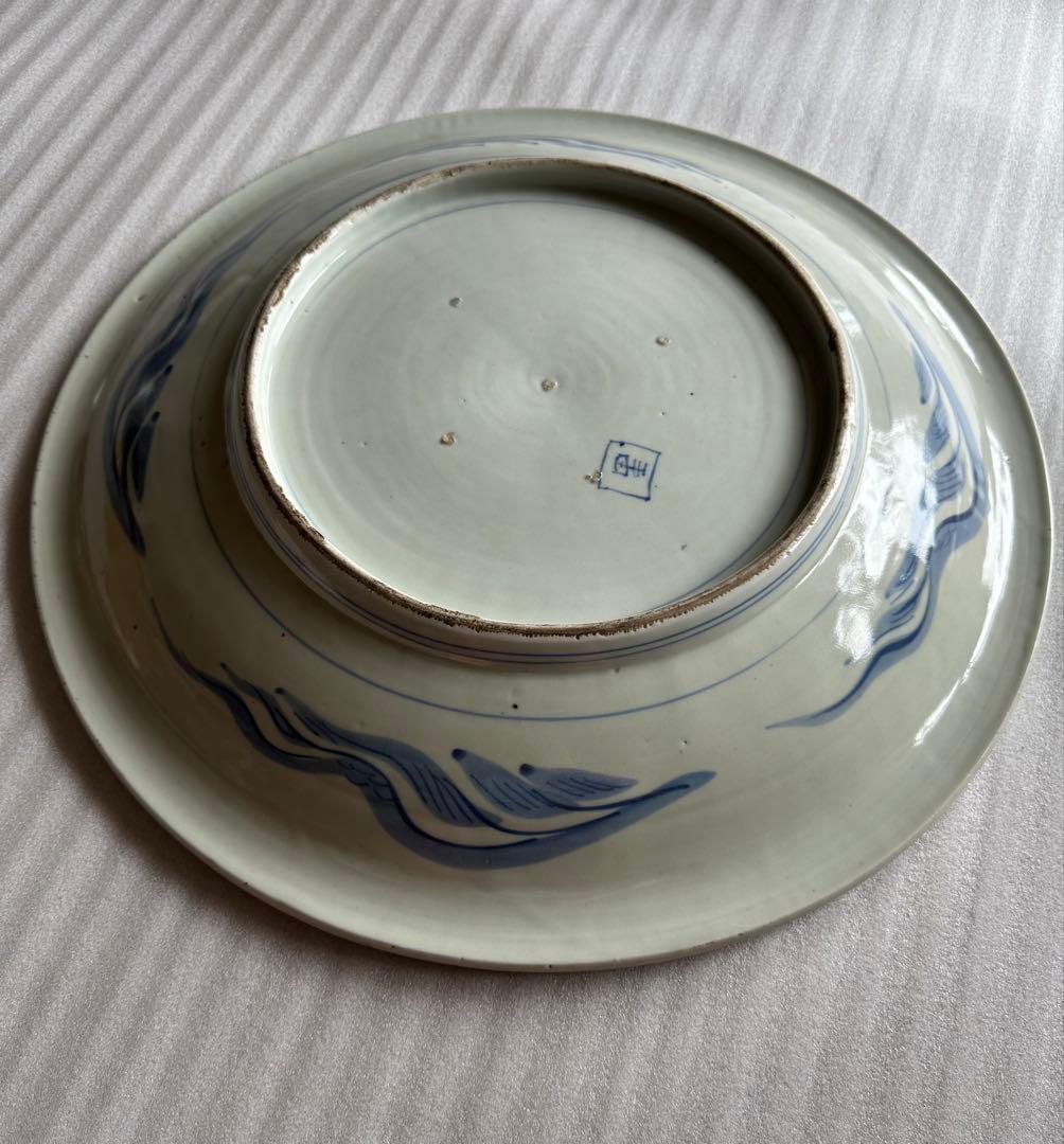 古伊万里焼 染付魚鳥図 大皿 染付 直径約46cm 古美術