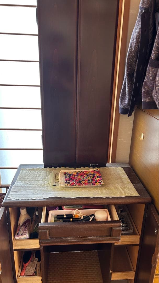 木製ドレッサー 引き出し付き ダークブラウン 約幅70cm x 高さ165cm