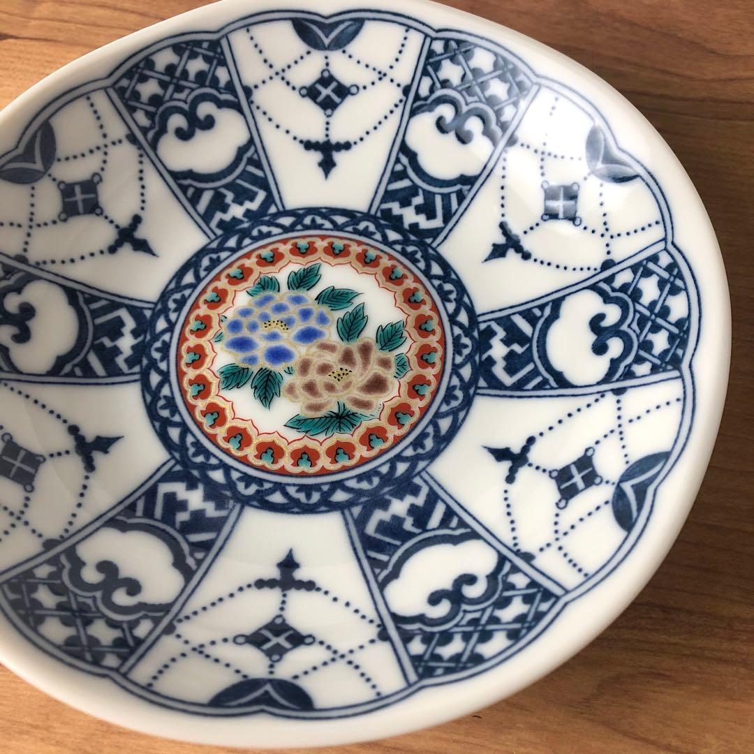 九谷焼　新品　4号皿　染付瓔珞紋　庄三　小皿　5枚