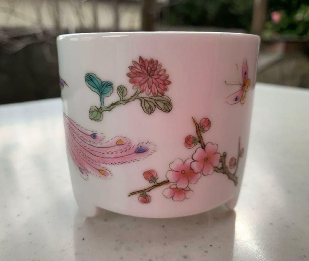 中国　江西省　景徳鎮　粉彩色絵　花鳥模様 香炉　香炉灰
