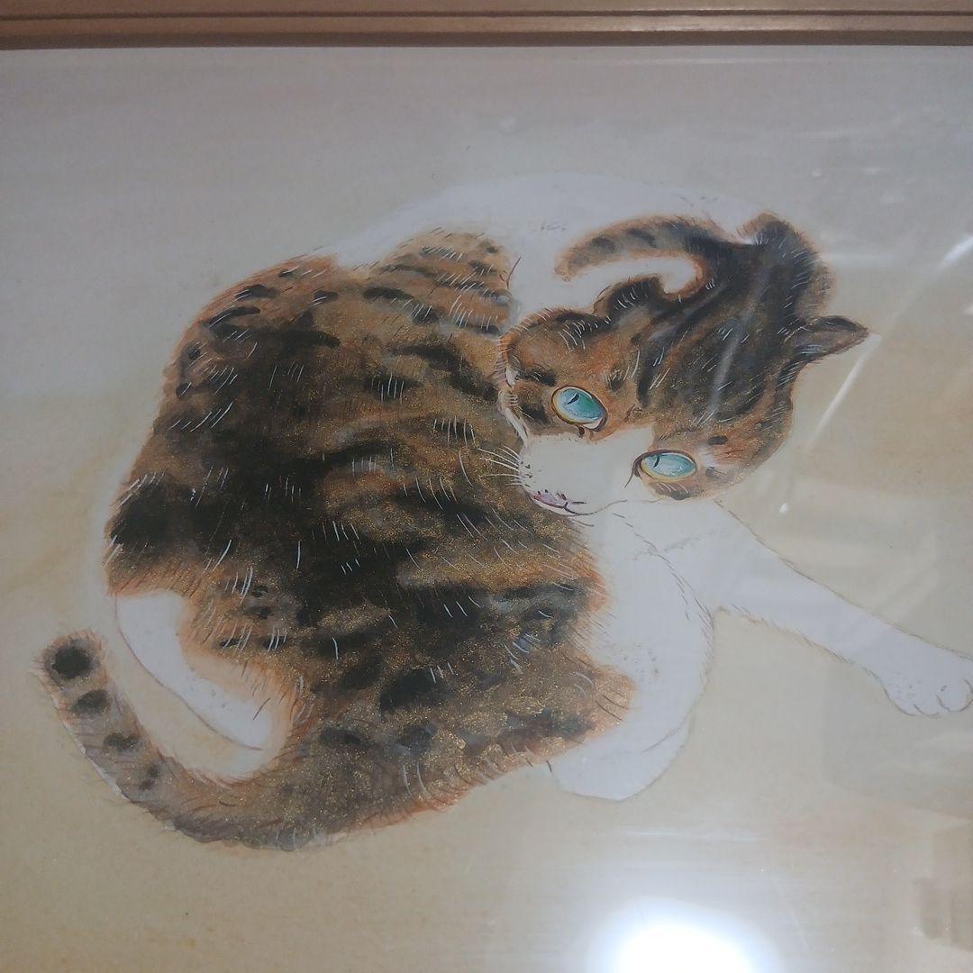 猫の日本画 木製フレーム付き