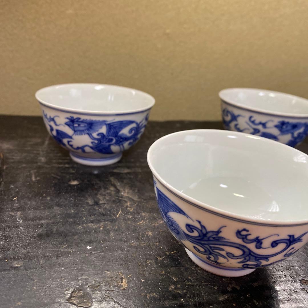 青い花模様の陶器製茶碗6個セット「作名有」
