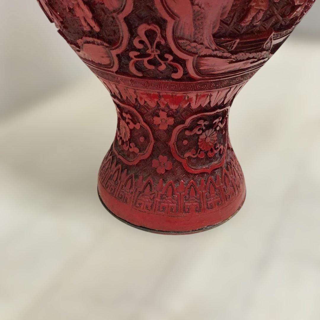 中国風 大型壺 朱色 レリーフ彫刻 花鳥図 花瓶 高約48cm 260216-2