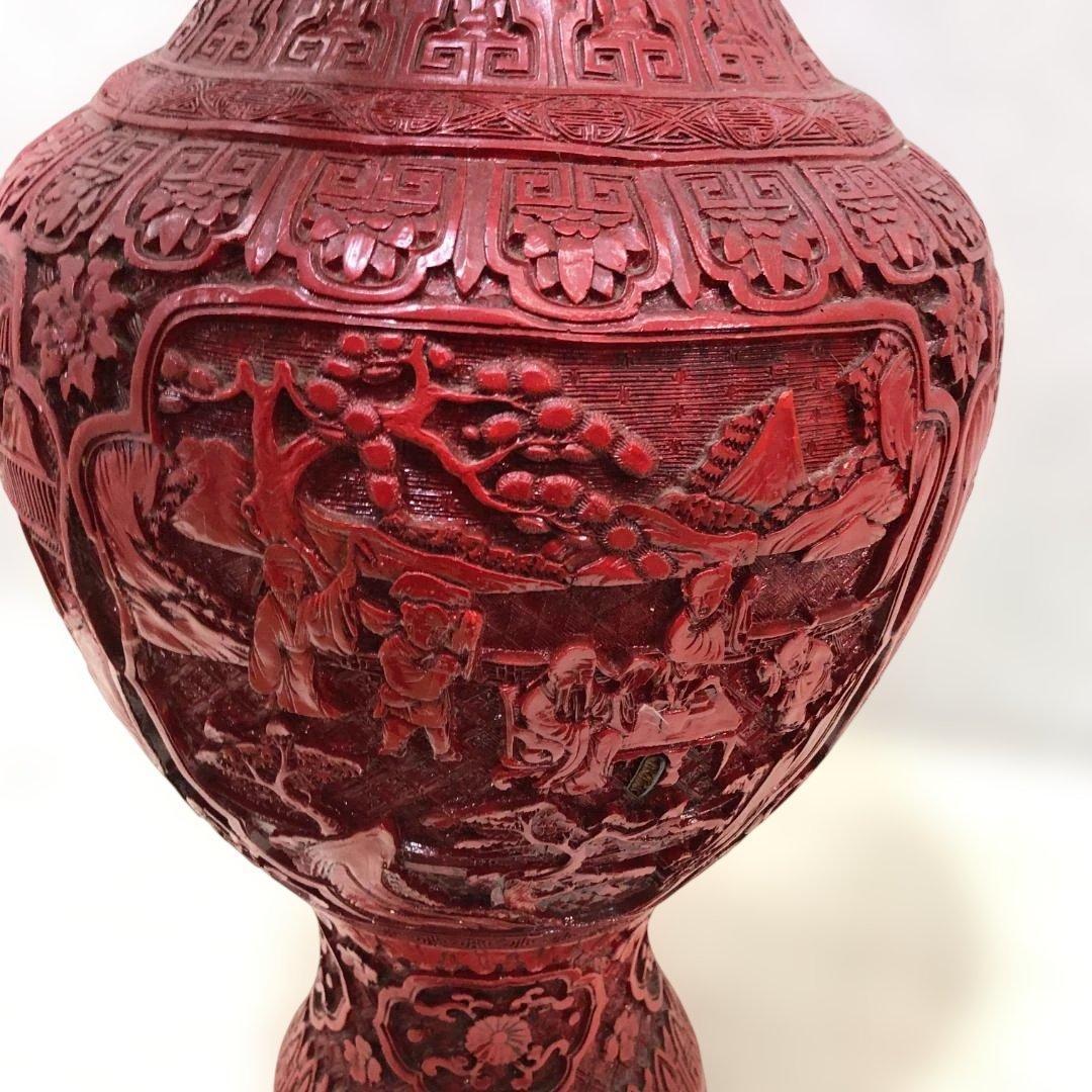 中国風 大型壺 朱色 レリーフ彫刻 花鳥図 花瓶 高約48cm 260216-2