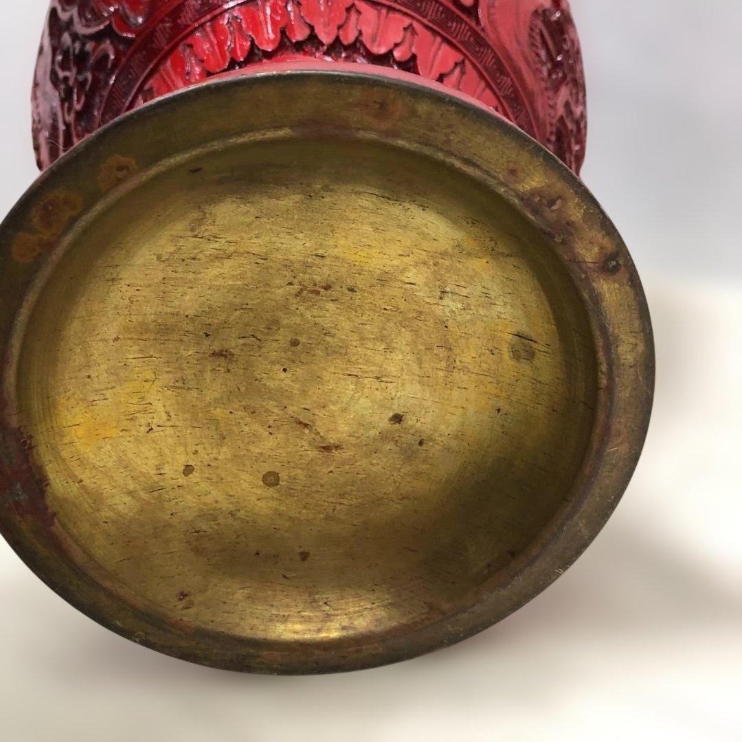 中国風 大型壺 朱色 レリーフ彫刻 花鳥図 花瓶 高約48cm 260216-2