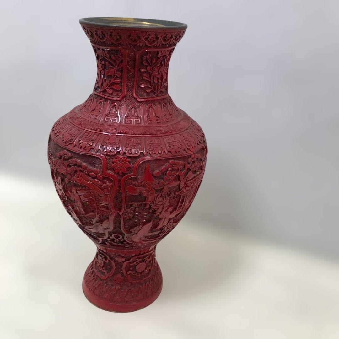 中国風 大型壺 朱色 レリーフ彫刻 花鳥図 花瓶 高約48cm 260216-2