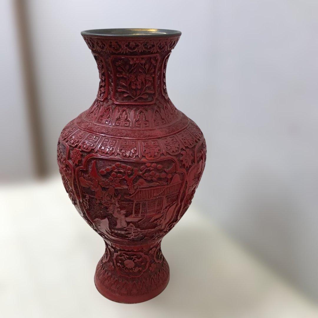 中国風 大型壺 朱色 レリーフ彫刻 花鳥図 花瓶 高約48cm 260216-2