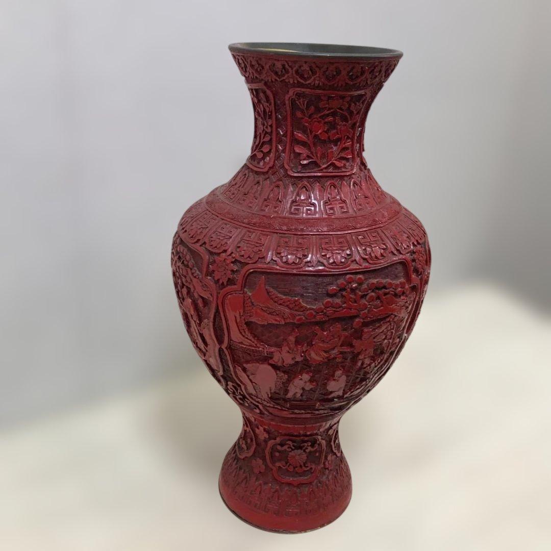 中国風 大型壺 朱色 レリーフ彫刻 花鳥図 花瓶 高約48cm 260216-2