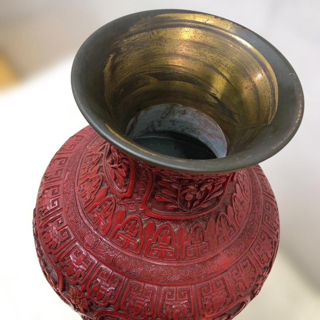 中国風 大型壺 朱色 レリーフ彫刻 花鳥図 花瓶 高約48cm 260216-2