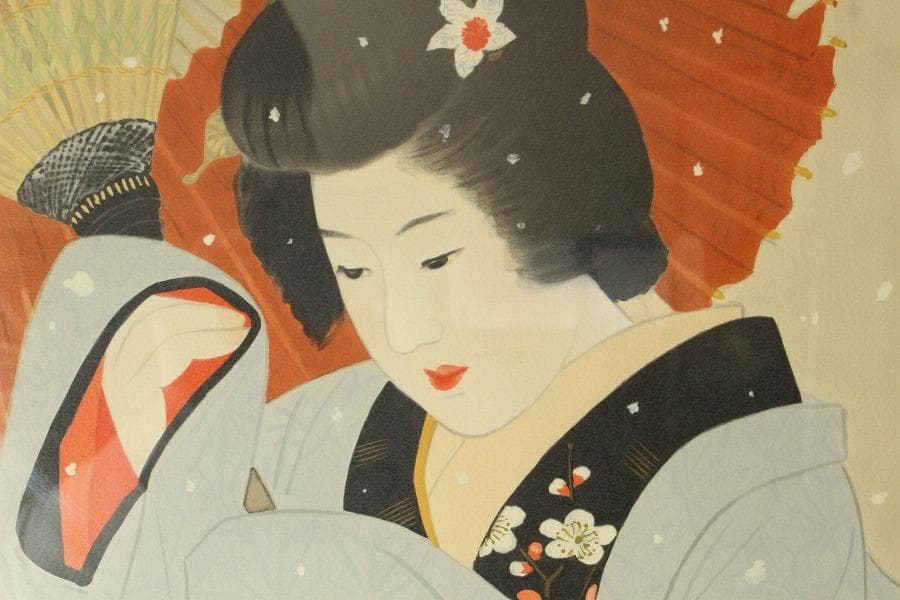 伊藤深水 木版画 314/350 額装 雪傘 美人 巨匠(K-YC668)