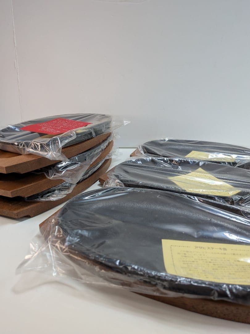 【 未使用品 】 アサヒ／ステーキ皿／6枚セット／木製トレイ／ハンドル付き