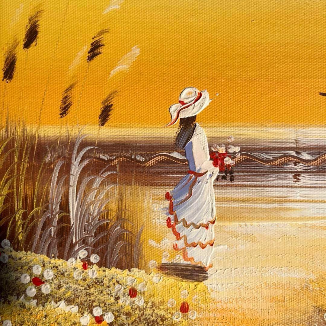 手書き油絵 海を眺める少女 絵画 インテリア 油彩画