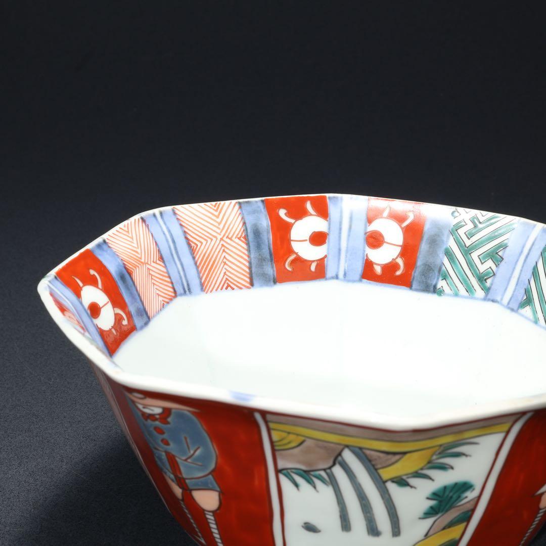 伊万里色絵人物図八角鉢　骨董　古伊万里　R1736ダA