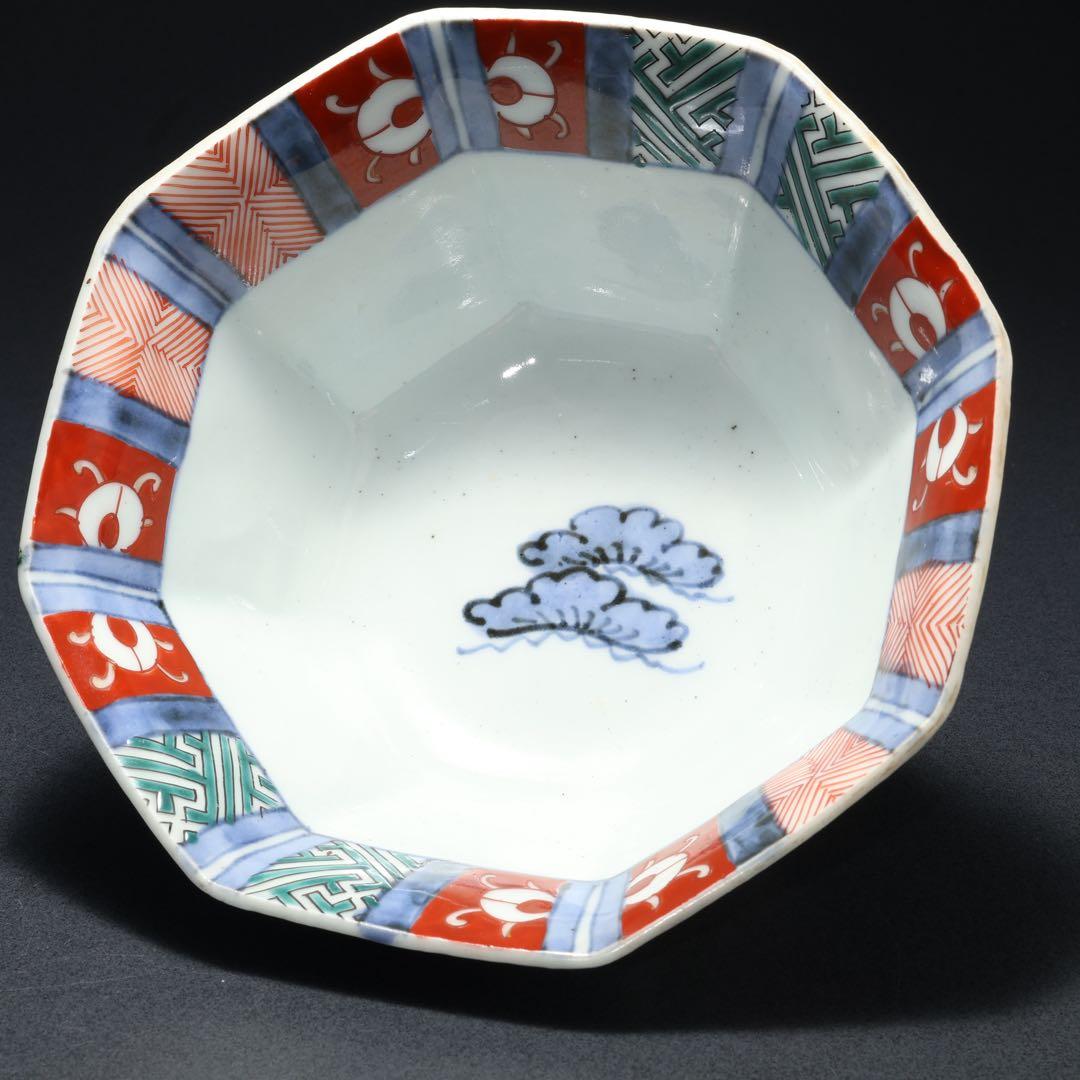 伊万里色絵人物図八角鉢　骨董　古伊万里　R1736ダA