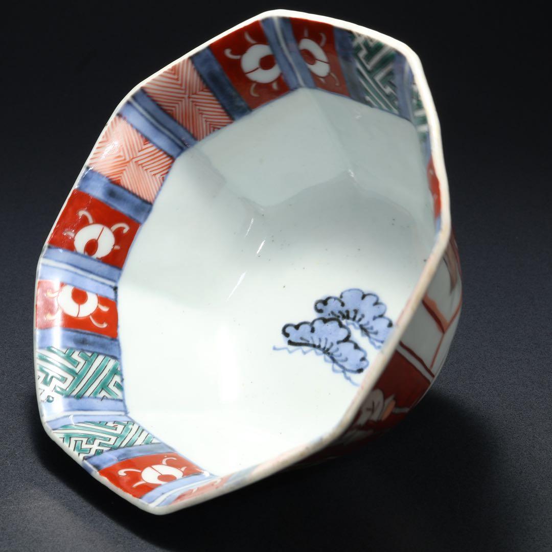 伊万里色絵人物図八角鉢　骨董　古伊万里　R1736ダA