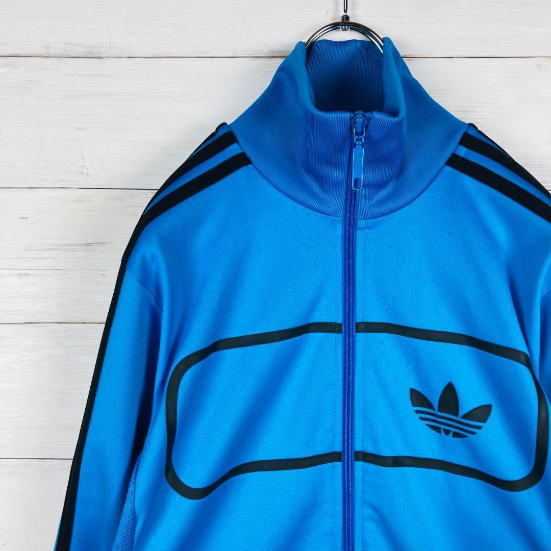 adidas トラックジャケット 囲みロゴ 裏起毛 希少デザイン ブルー M