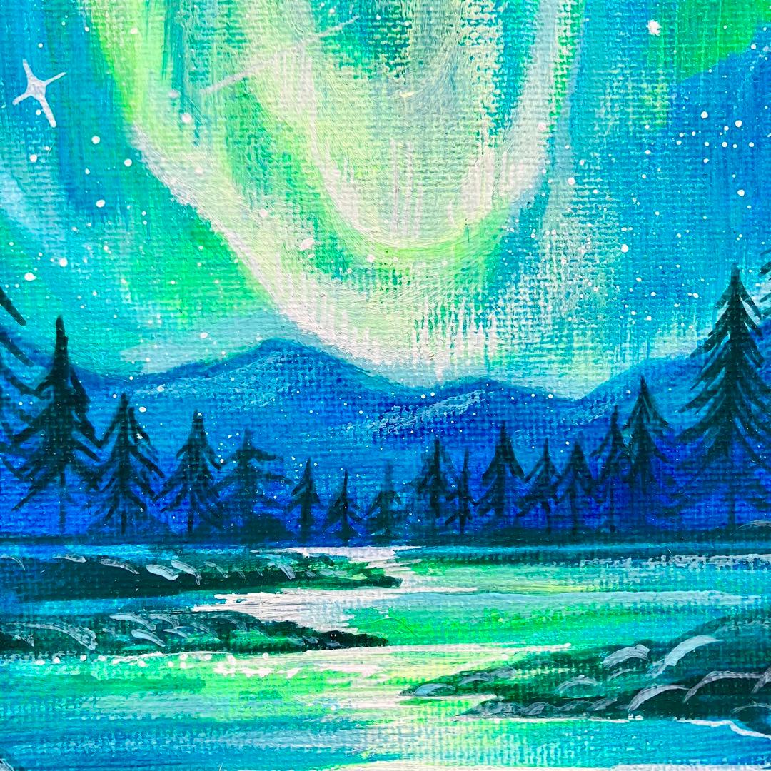 オーロラの夜景＊絵画　原画　風景画　冬　クリスマス　夜空　星空　アクリル原画