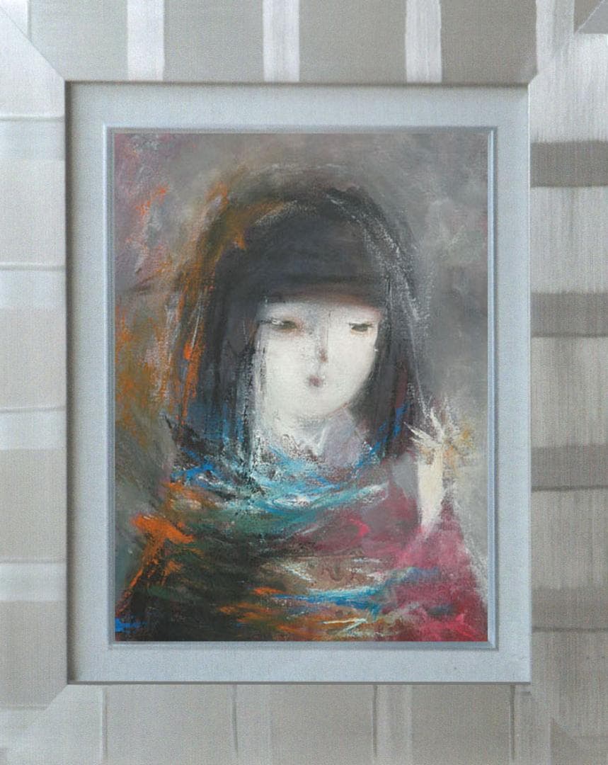 油絵 絵 絵画インテリア 額付(青緑＋金色の枠) F6-050513 人物女性像
