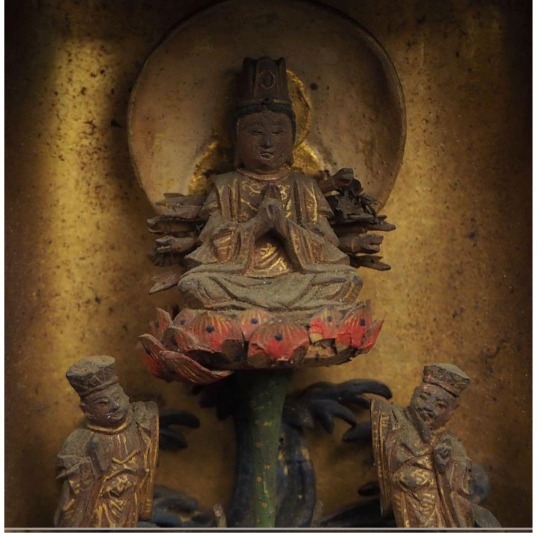 送料無料　旧家蔵出桃山時代～江戸前期木彫り千手観音厨子極上品古仏仏像高さ9ｃｍ