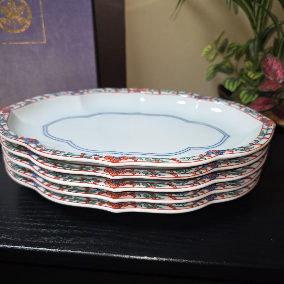 たち吉　橘吉　色絵からくさ　5枚　輪花皿　木瓜形楕円皿　和皿　パスタ　デザート
