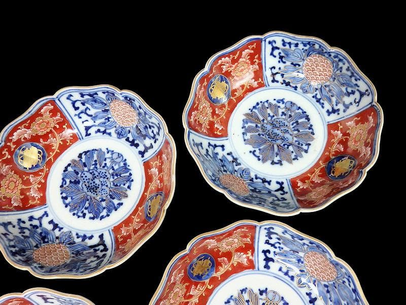 大聖寺伊万里 金襴手　牡丹に巻物　唐草の図　膾皿　４客　C135AS-DCq