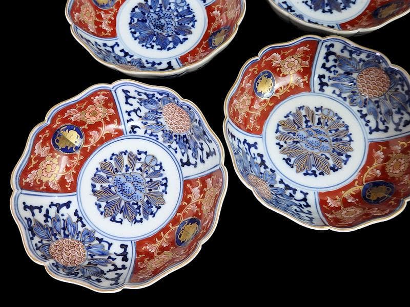 大聖寺伊万里 金襴手　牡丹に巻物　唐草の図　膾皿　４客　C135AS-DCq