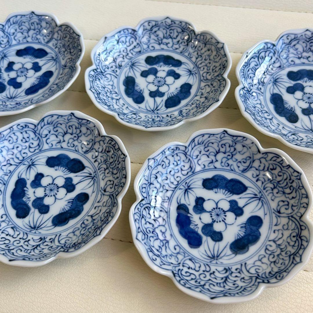 三洋陶器　龍峰窯　染付唐草　小皿揃　5枚セット　豆皿　古伊万里　輪花皿　和柄