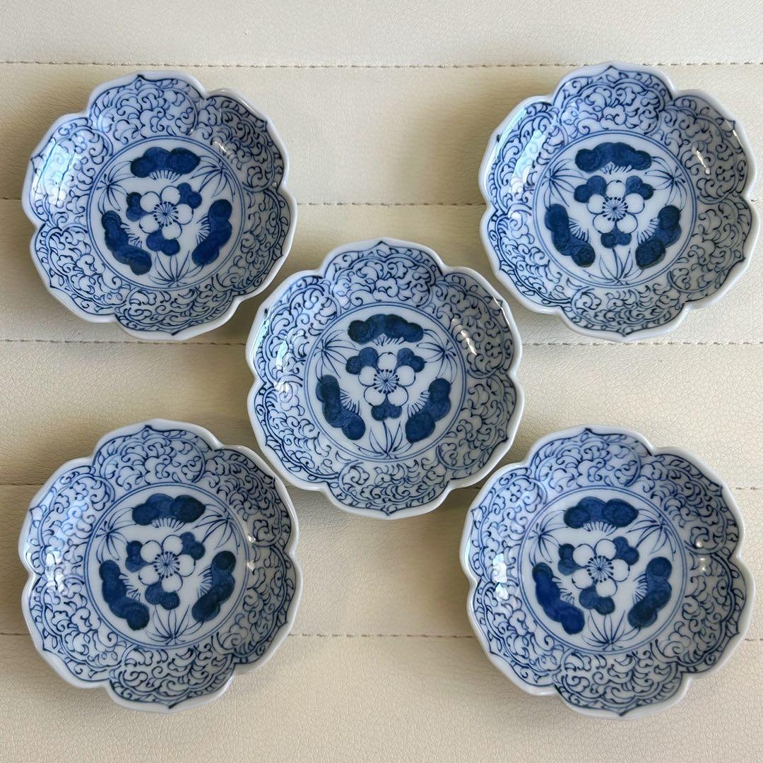 三洋陶器　龍峰窯　染付唐草　小皿揃　5枚セット　豆皿　古伊万里　輪花皿　和柄