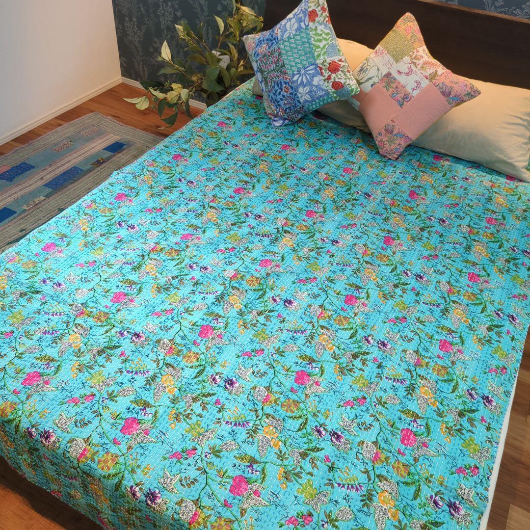150❁︎ボタニカル 手作り カンタキルト マルチカバー 花 ターコイズ