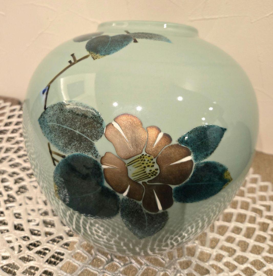 新品 高級品 九谷焼 龍山 椿 銀彩 花入 花瓶 花器 壺