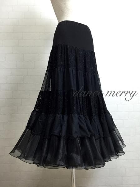 ＊新品　豪華　社交ダンス　スカート　黒　ティアード　ワルツ　スロー　4788
