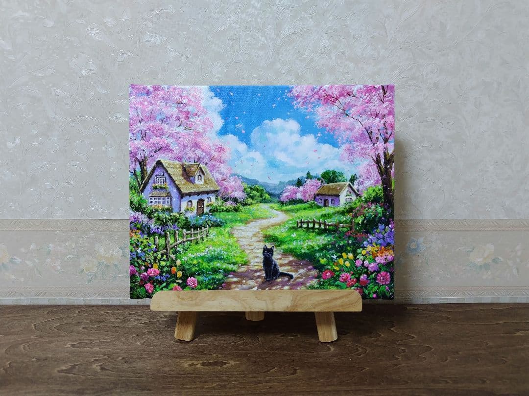 【春満開の日】アクリル画 F3 風景画 絵画