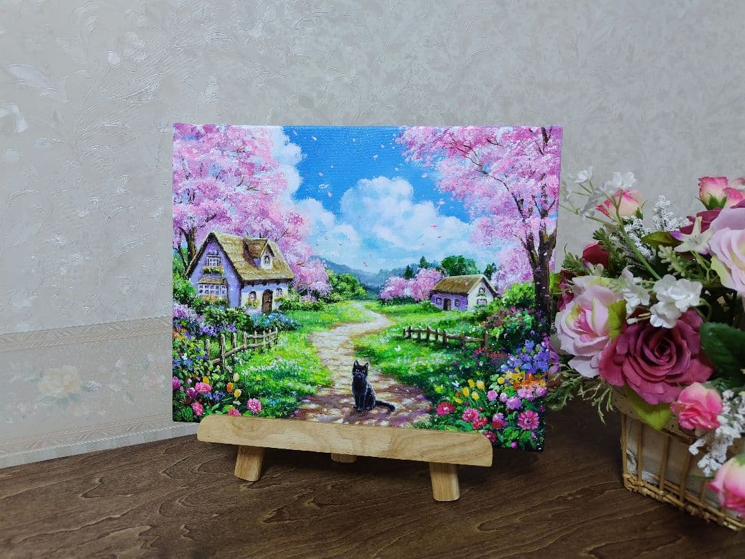【春満開の日】アクリル画 F3 風景画 絵画