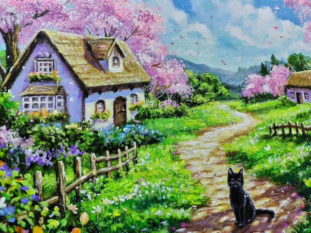 【春満開の日】アクリル画 F3 風景画 絵画
