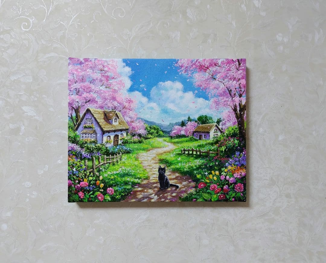 【春満開の日】アクリル画 F3 風景画 絵画