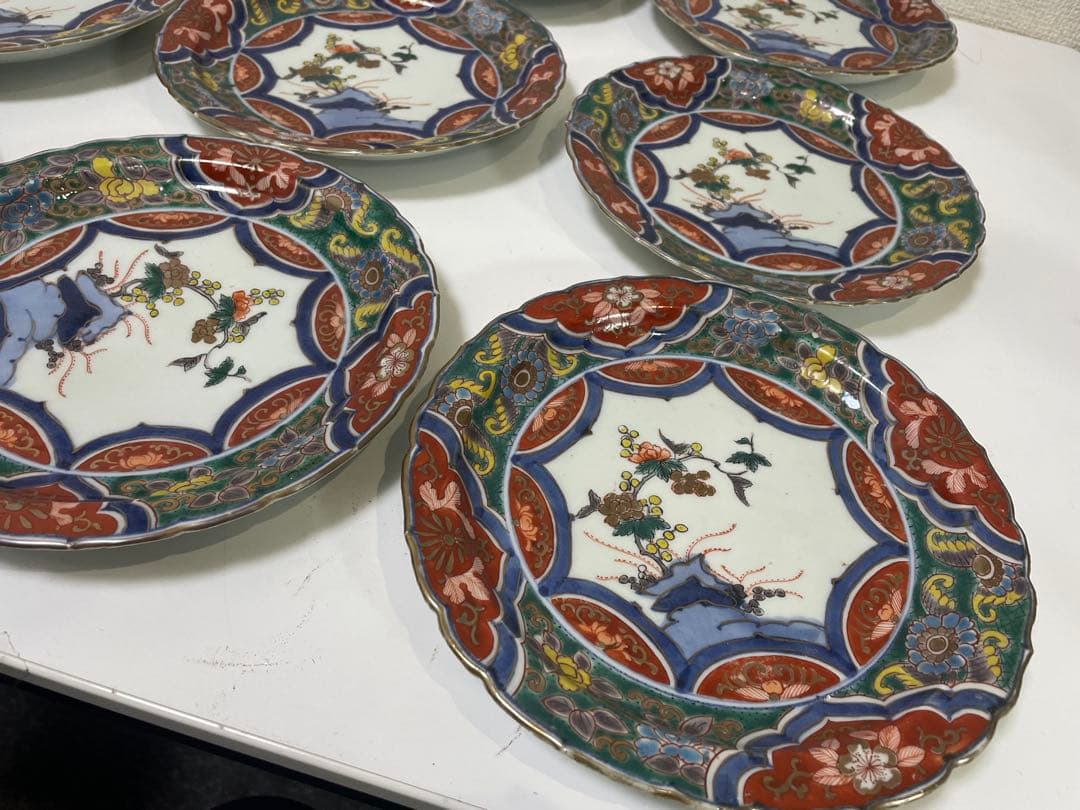 【現状品】古伊万里 金彩 色絵 染付 陶器 花柄 中皿 割烹 懐石 10枚 ②