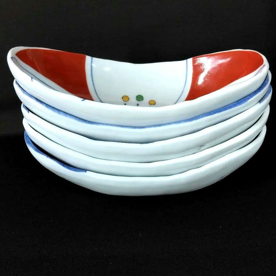 有田焼 清秀窯 色鍋島 絵変わり オ一バル鉢 5客揃 楕円鉢 船形
