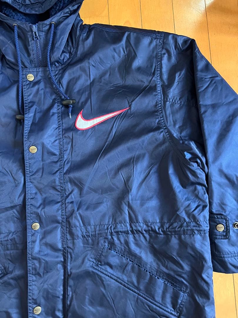 【激レア・極暖】90s NIKE ナイキ ベンチコート ボア 裏地 刺繍　紺