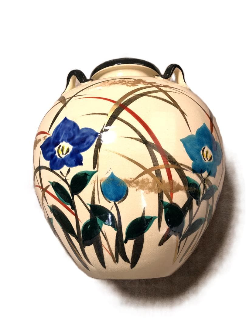 【 京焼秋草図色絵四耳壺 】　尾形乾山ブランド　アンティーク品