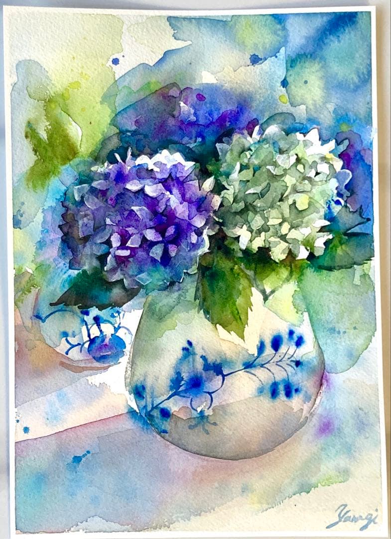 水彩画 原画 紫陽花の花瓶