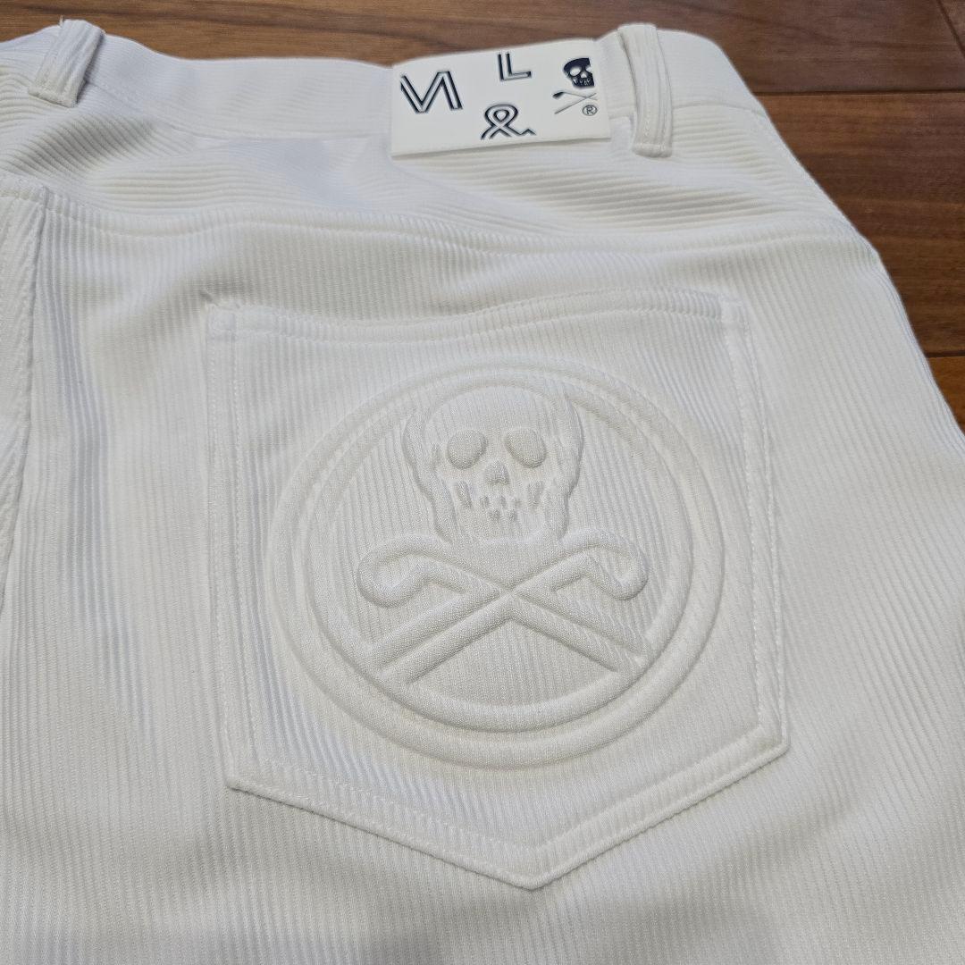 MARK&LONA ゴルフパンツ ホワイト スカルロゴ型押し ストレッチ 48