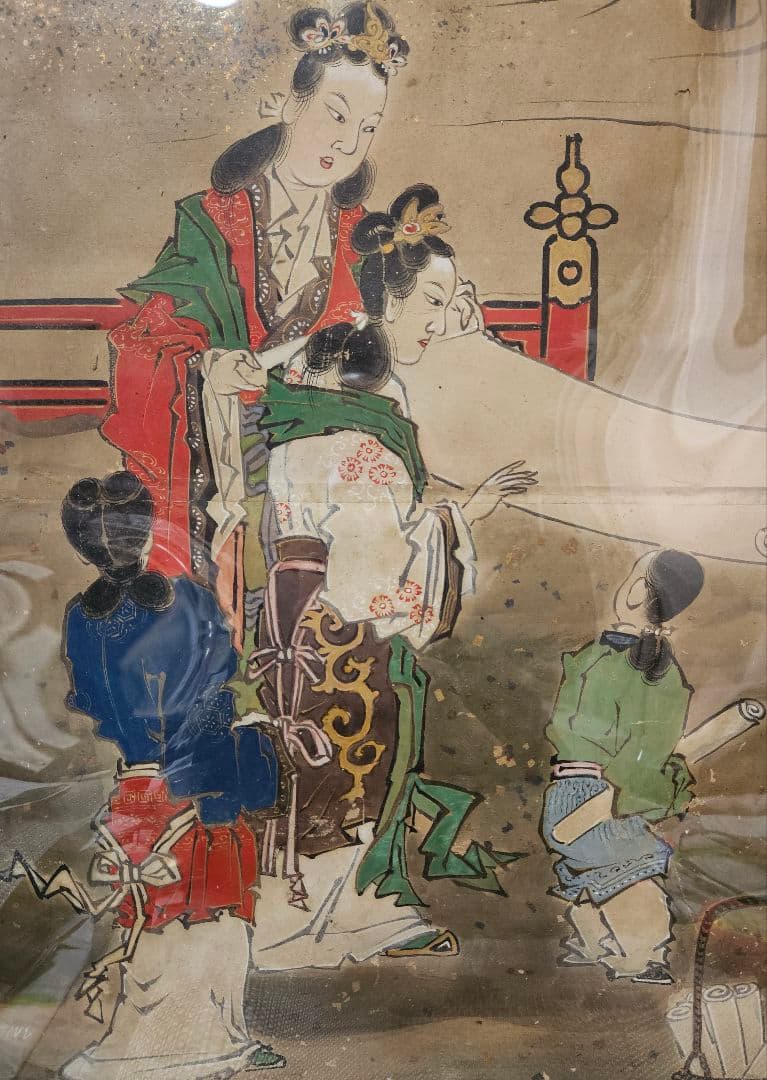 中国古美術　中国古画　紙本肉筆　金彩色絵　人物画　宮中の図　作者不明　簡易額装2